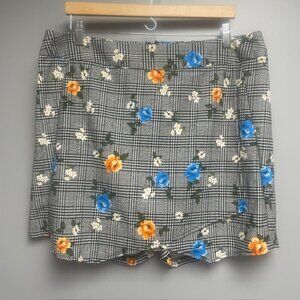 Ashley Stewart Skort Short Skirt Black Plaid Floral Design Size 18/20
